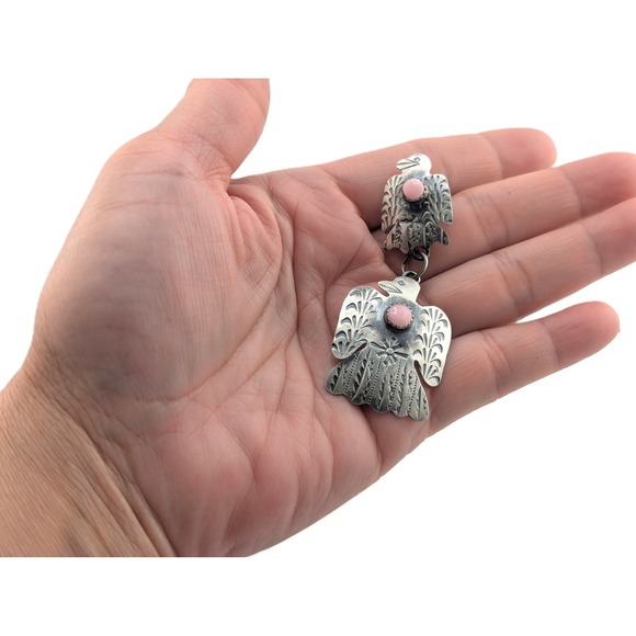 Handmade Navajo Sterling Silver Signed Earrings Thunderbird w Pink Conch Shell * - Picture 7 of 12
